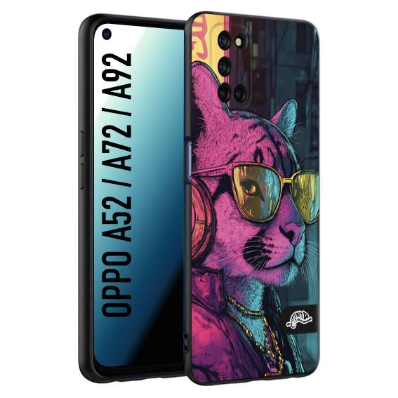 CUSTOMIZZA - Custodia cover nera morbida in tpu compatibile per Oppo A52 - A72 - A92 animali cyberpunk pantera street cat fucsia blu giallo