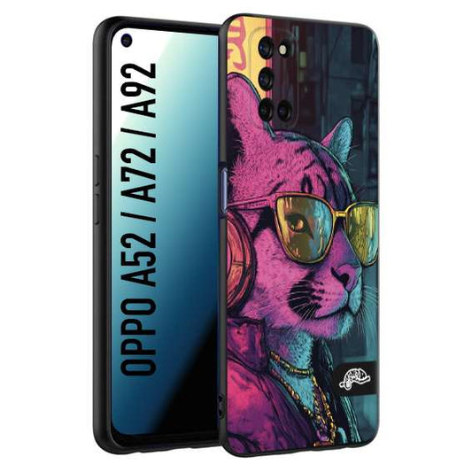 CUSTOMIZZA - Custodia cover nera morbida in tpu compatibile per Oppo A52 - A72 - A92 animali cyberpunk pantera street cat fucsia blu giallo