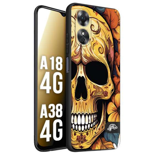 CUSTOMIZZA - Custodia cover nera morbida in tpu compatibile per Oppo A18 4G - A38 4G teschio messicano colorato dorato fiori autunnali disegnato