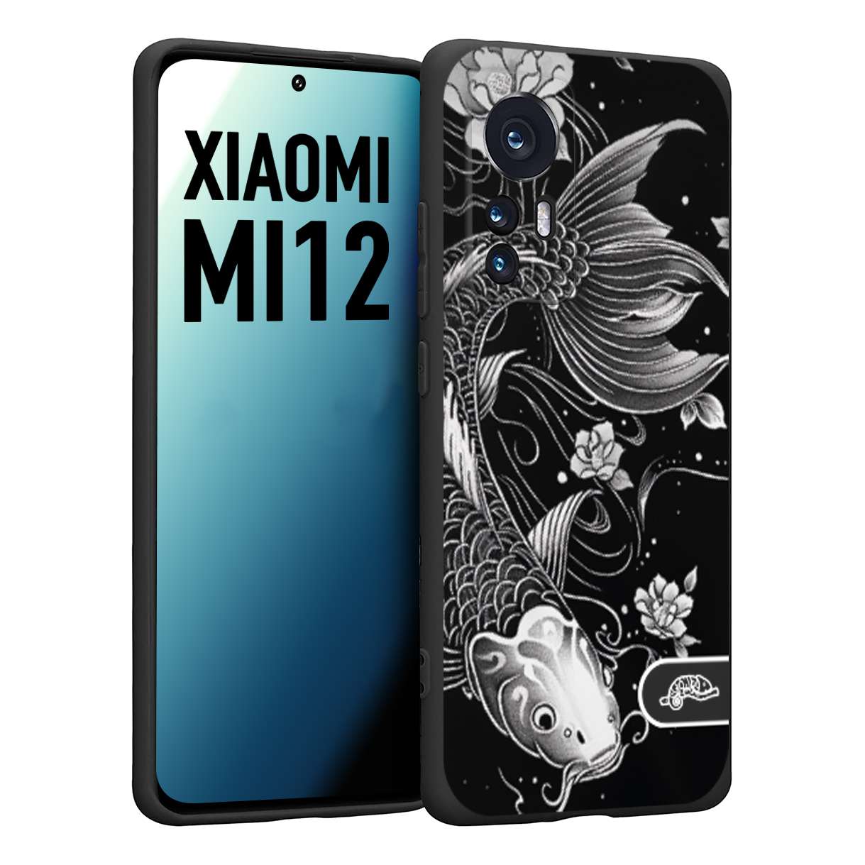 CUSTOMIZZA - Custodia cover nera morbida in tpu compatibile per Xiaomi 12 5G carpa koi black and white bianco a rilievo disegnato tattoo tatuaggio