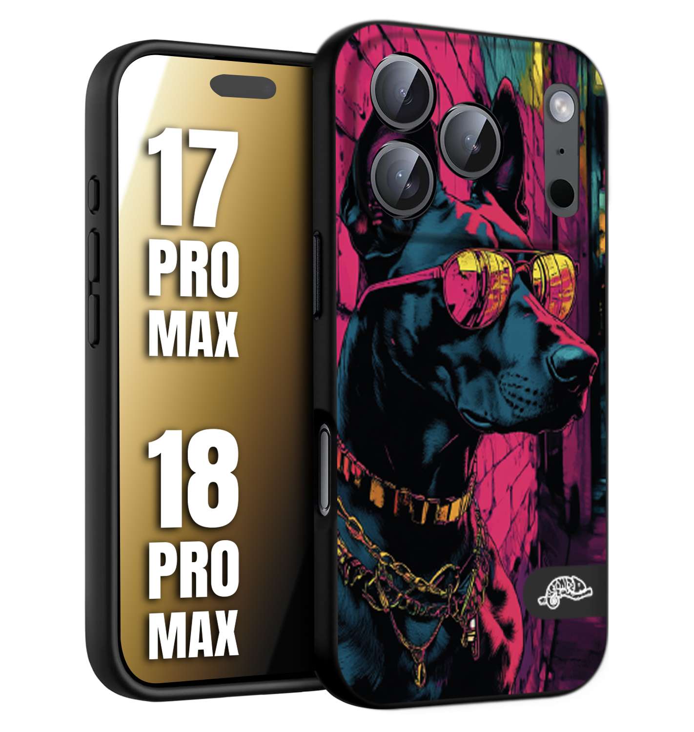 CUSTOMIZZA - Custodia cover nera morbida in tpu compatibile per iPhone 17 PRO MAX - 18 PRO MAX animali cyberpunk dobermann cane street dog fucsia blu