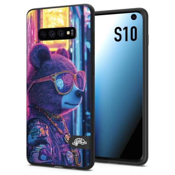 CUSTOMIZZA - Custodia cover nera morbida in tpu compatibile per Samsung S10 animali cyberpunk orsetto orso street bear fucsia blu night