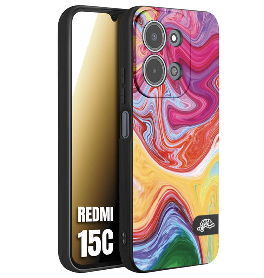 CUSTOMIZZA - Custodia cover nera morbida in tpu compatibile per Xiaomi Redmi 15C colorata fantasia vortice marmo onde verde fucsia gialla