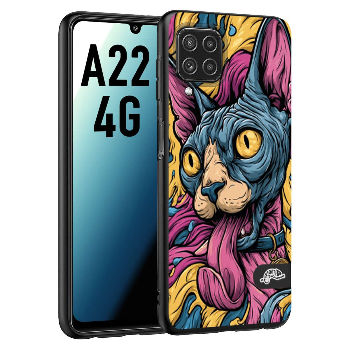 CUSTOMIZZA - Custodia cover nera morbida in tpu compatibile per Samsung A22 4G Sphynx Colorato Pop Art Psichedelico Gatto Blu Rosa Giallo Artistica Fantasy