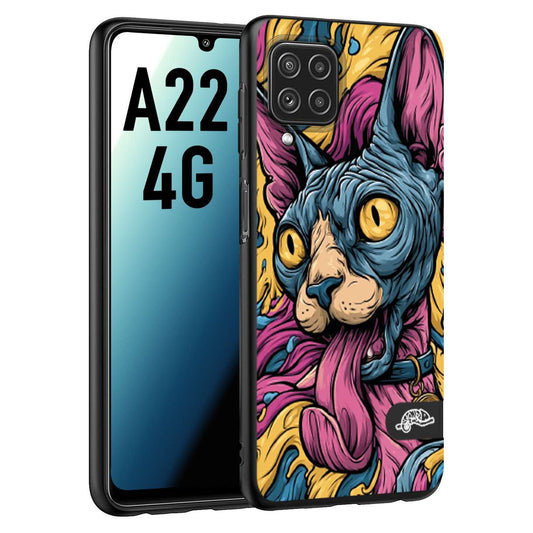 CUSTOMIZZA - Custodia cover nera morbida in tpu compatibile per Samsung A22 4G Sphynx Colorato Pop Art Psichedelico Gatto Blu Rosa Giallo Artistica Fantasy