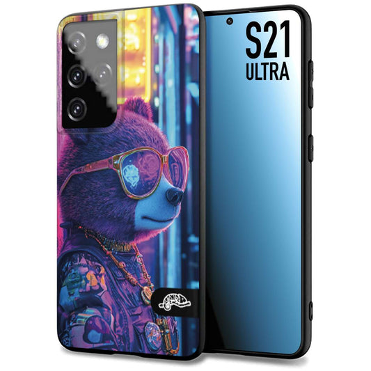 CUSTOMIZZA - Custodia cover nera morbida in tpu compatibile per Samsung S21 ULTRA animali cyberpunk orsetto orso street bear fucsia blu night