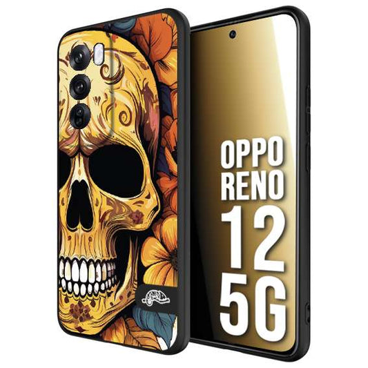 CUSTOMIZZA - Custodia cover nera morbida in tpu compatibile per Oppo Reno 12 5G teschio messicano colorato dorato fiori autunnali disegnato