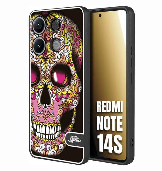 CUSTOMIZZA - Custodia cover nera morbida in tpu compatibile per Xiaomi Redmi Note 14S teschio messicano Mexican skull rosa gialla