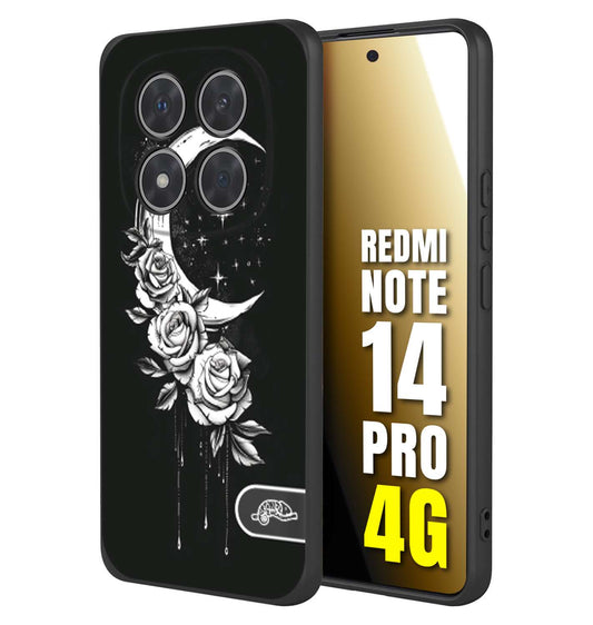 CUSTOMIZZA - Custodia cover nera morbida in tpu compatibile per Xiaomi Redmi Note 14 PRO 4G luna e fiori moon flowers black and white bianco a rilievo disegnato