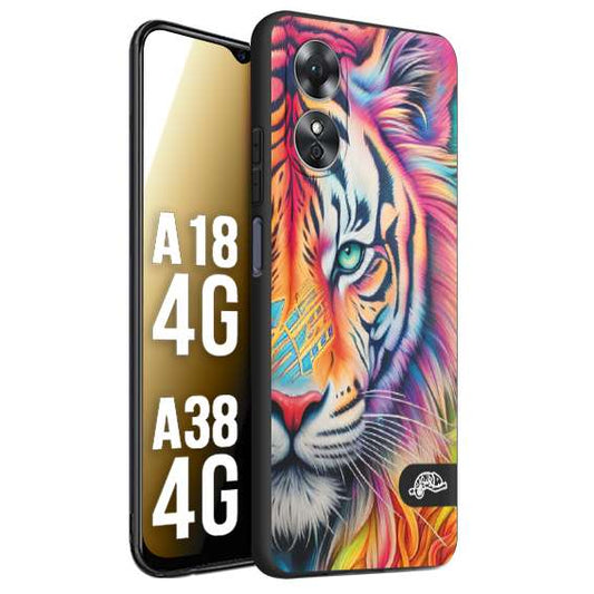 CUSTOMIZZA - Custodia cover nera morbida in tpu compatibile per Oppo A18 4G - A38 4G animali color tigre tiger viso colori vibranti disegnato schizzo