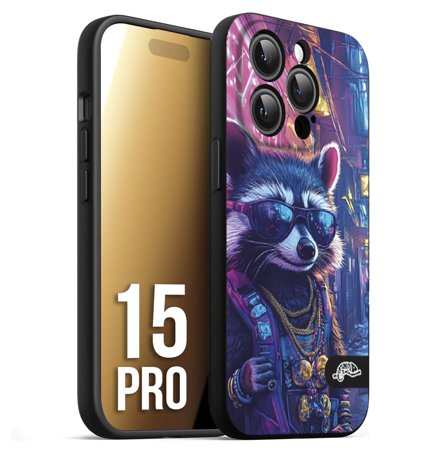 CUSTOMIZZA - Custodia cover nera morbida in tpu compatibile per iPhone 15 PRO animali simpatici cyberpunk procione racoon street cat fucsia blu giallo