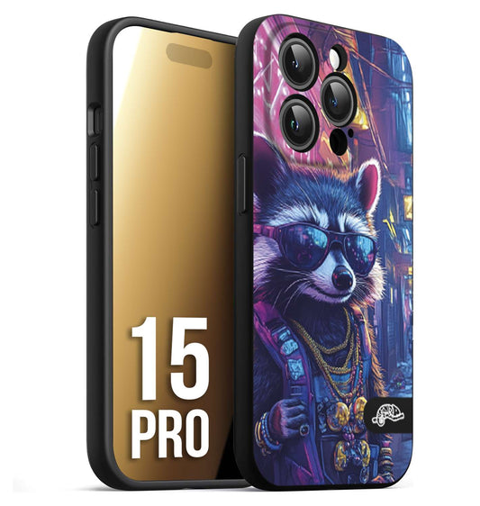 CUSTOMIZZA - Custodia cover nera morbida in tpu compatibile per iPhone 15 PRO animali simpatici cyberpunk procione racoon street cat fucsia blu giallo