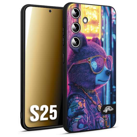 CUSTOMIZZA - Custodia cover nera morbida in tpu compatibile per Samsung S25 animali cyberpunk orsetto orso street bear fucsia blu night