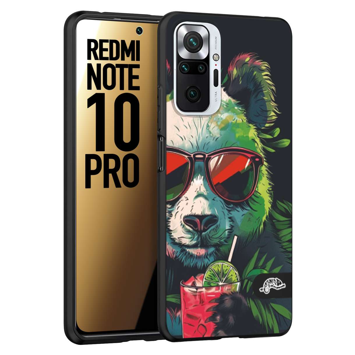 CUSTOMIZZA - Custodia cover nera morbida in tpu compatibile per Xiaomi Redmi Note 10 PRO estate disegnata cocktails animali simpatici panda mojito