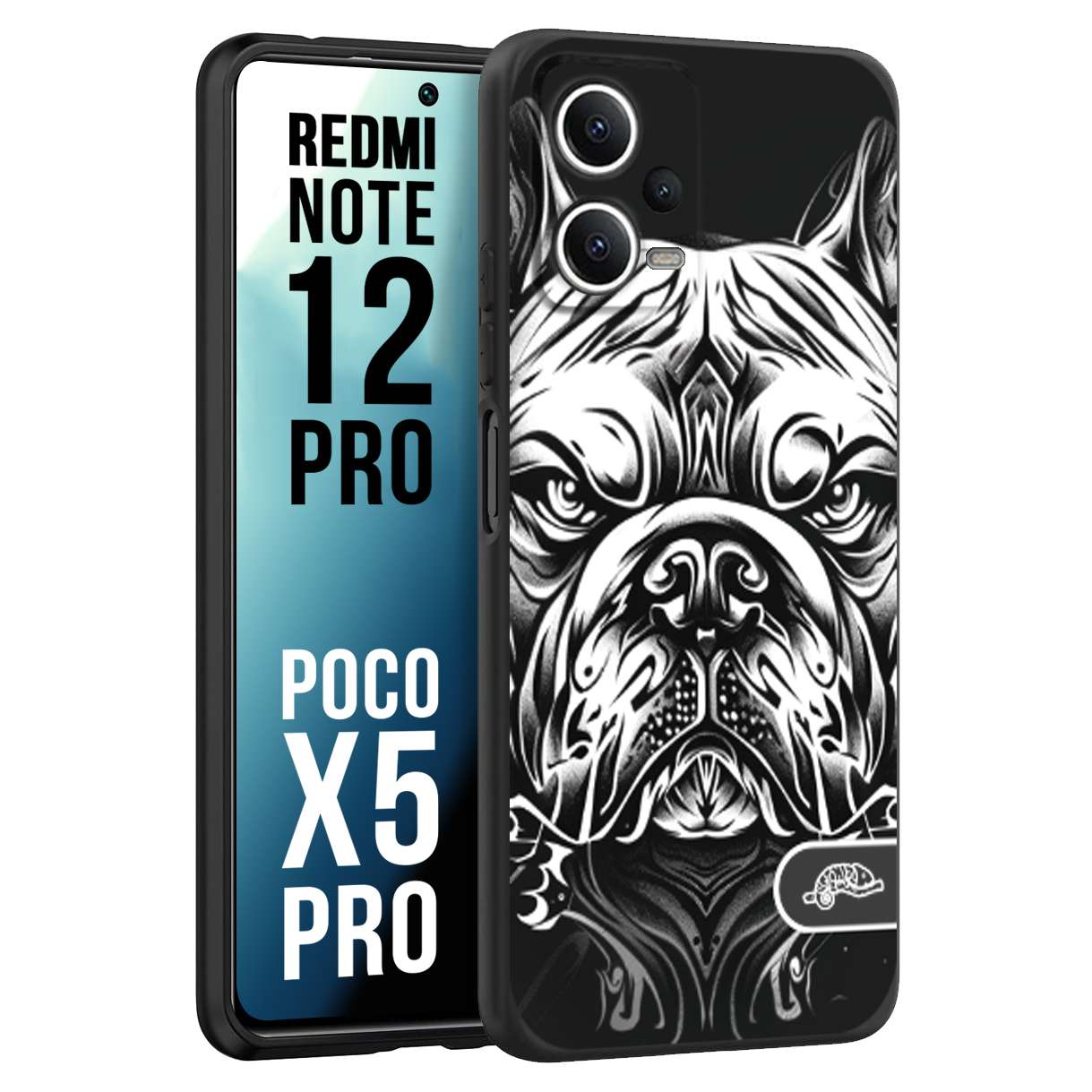 CUSTOMIZZA - Custodia cover nera morbida in tpu compatibile per Xiaomi Redmi Note 12 PRO - POCO X5 PRO bulldog bianco a rilievo disegnato tattoo tatuaggio