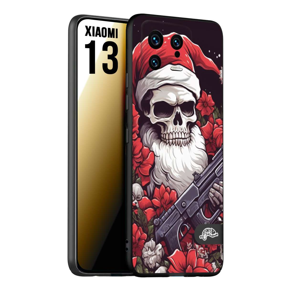 CUSTOMIZZA - Custodia cover nera morbida in tpu compatibile per Xiaomi 13 teschio natale santa claus fiori tattoo disegnato