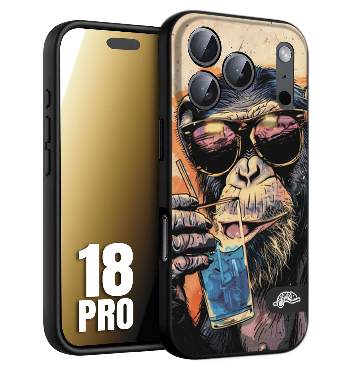 CUSTOMIZZA - Custodia cover nera morbida in tpu compatibile per iPhone 18 PRO estate disegnata cocktails animali simpatici scimmia monkey negroni