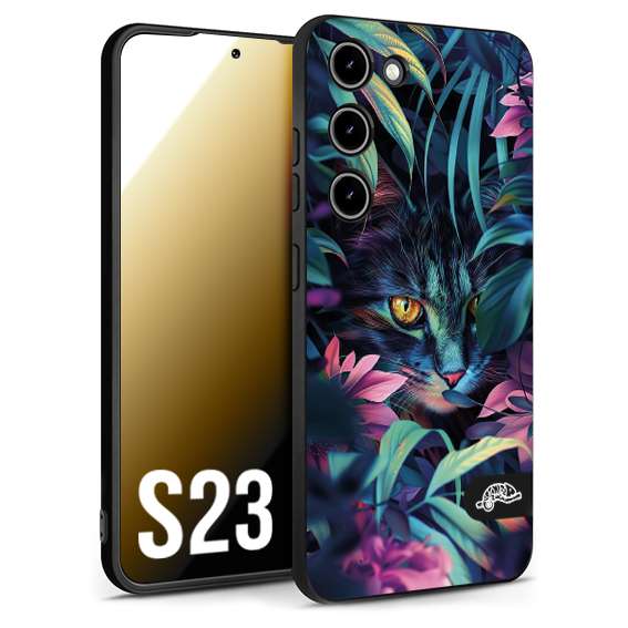 CUSTOMIZZA - Custodia cover nera morbida in tpu compatibile per Samsung S23 animali color giungla tropicale occhio di gatto colori vibranti disegnato