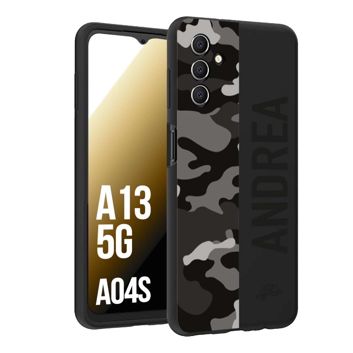 CUSTOMIZZA - Custodia cover nera morbida in tpu compatibile per Samsung A04S - A13 5G camouflage mimetico militare personalizzata nome