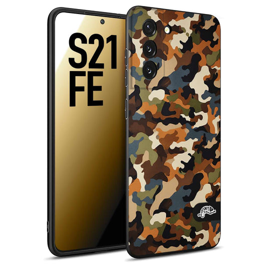 CUSTOMIZZA - Custodia cover nera morbida in tpu compatibile per Samsung S21 FE camouflage mimetico militare moderno blu marrone beige