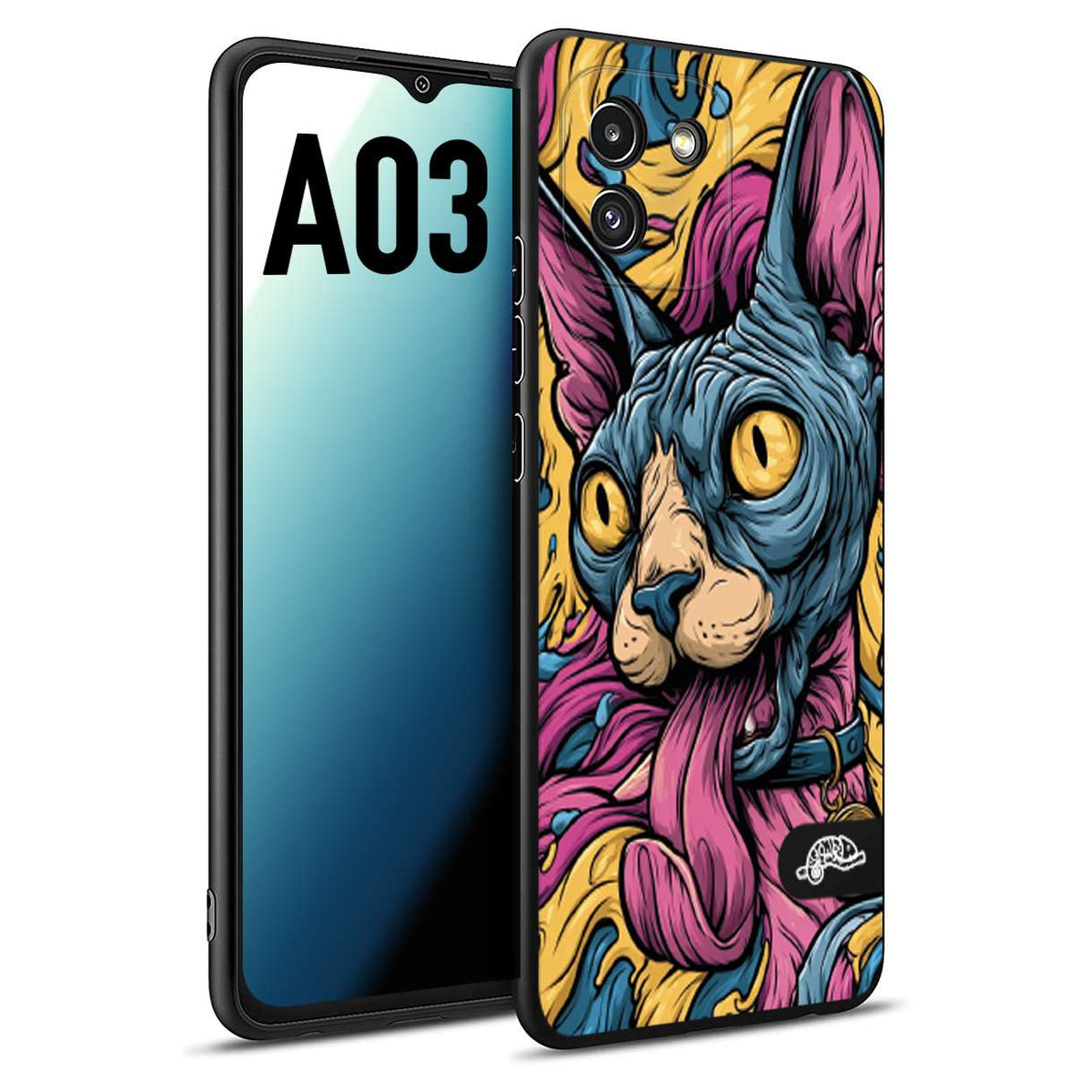 CUSTOMIZZA - Custodia cover nera morbida in tpu compatibile per Samsung A03 Sphynx Colorato Pop Art Psichedelico Gatto Blu Rosa Giallo Artistica Fantasy