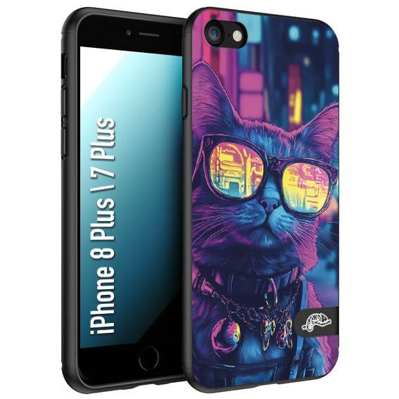 CUSTOMIZZA - Custodia cover nera morbida in tpu compatibile per iPhone 7 Plus - 8 plus animali cyberpunk gatto street cat fucsia blu giallo