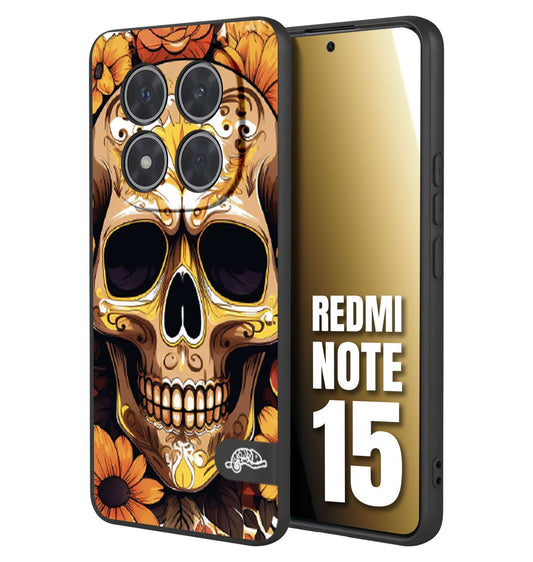 CUSTOMIZZA - Custodia cover nera morbida in tpu compatibile per Xiaomi Redmi Note 15 teschio messicano colorato dorato fiori tattoo disegnato