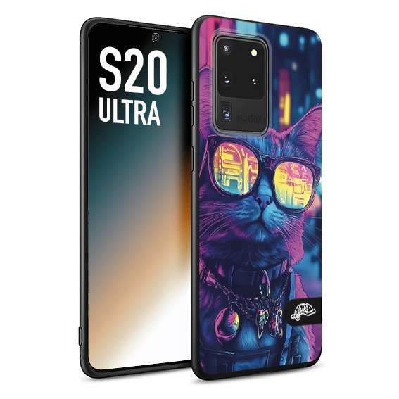 CUSTOMIZZA - Custodia cover nera morbida in tpu compatibile per Samsung S20 ULTRA animali cyberpunk gatto street cat fucsia blu giallo
