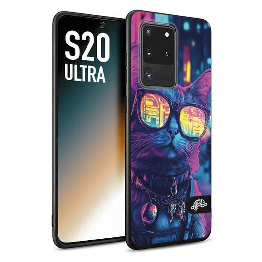CUSTOMIZZA - Custodia cover nera morbida in tpu compatibile per Samsung S20 ULTRA animali cyberpunk gatto street cat fucsia blu giallo