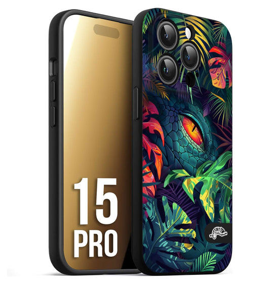 CUSTOMIZZA - Custodia cover nera morbida in tpu compatibile per iPhone 15 PRO animali color giungla tropicale occhio di coccodrillo alligatore disegnato