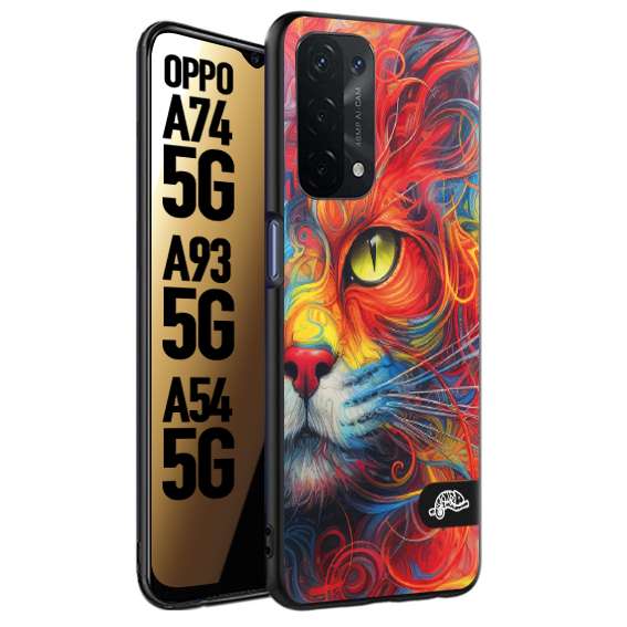 CUSTOMIZZA - Custodia cover nera morbida in tpu compatibile per Oppo A74 5G - A93 5G - A54 5G animali color cat gatto viso colori vibranti disegnato schizzo