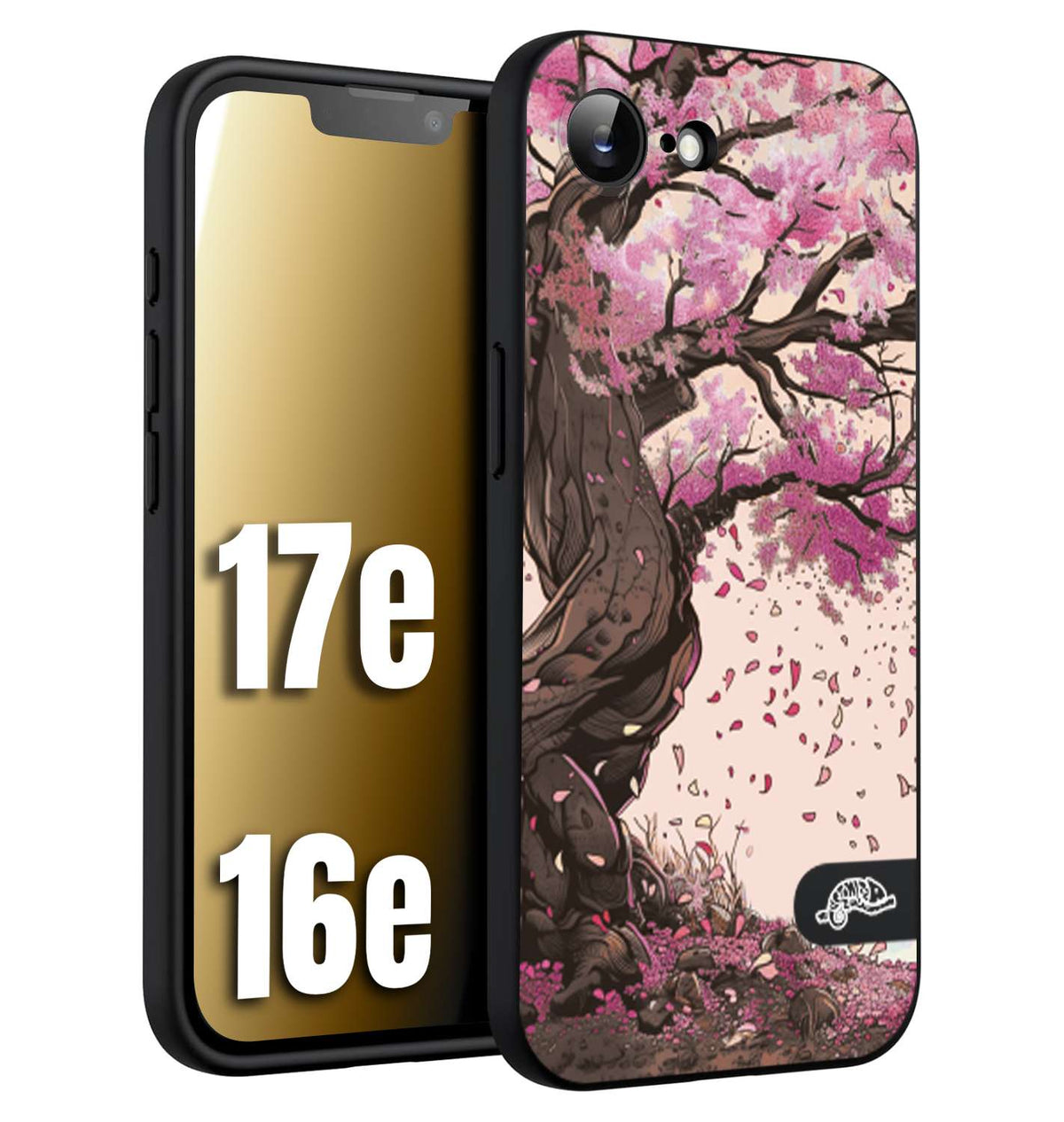 CUSTOMIZZA - Custodia cover nera morbida in tpu compatibile per iPhone 16E - 17E giapponese colori morbidi fiori di ciliegio rosa disegnata