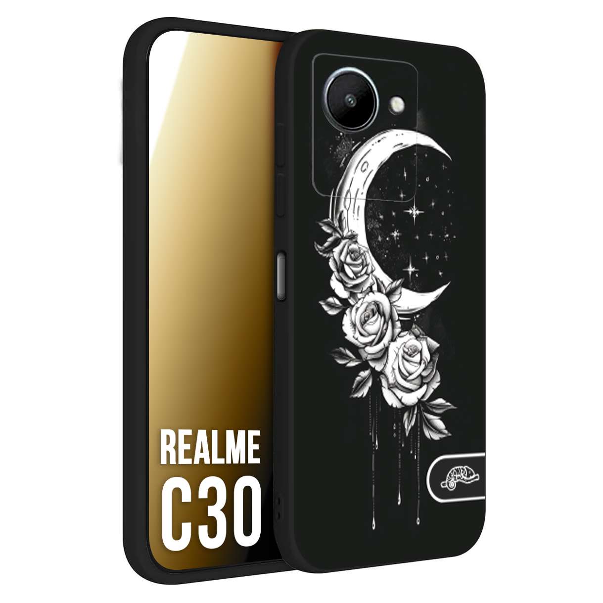 CUSTOMIZZA - Custodia cover nera morbida in tpu compatibile per Oppo Realme C30 luna e fiori moon flowers black and white bianco a rilievo disegnato tattoo tatuaggio