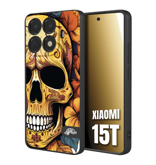 CUSTOMIZZA - Custodia cover nera morbida in tpu compatibile per Xiaomi 15T teschio messicano colorato dorato fiori autunnali disegnato