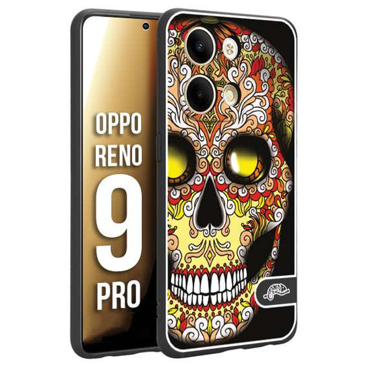 CUSTOMIZZA - Custodia cover nera morbida in tpu compatibile per Oppo Reno 9 PRO teschio messicano Mexican skull giallo rosso arancio