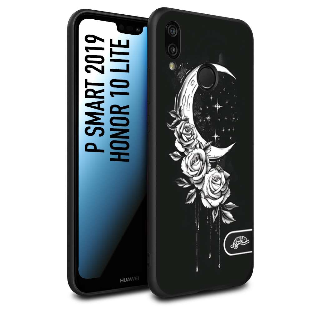 CUSTOMIZZA - Custodia cover nera morbida in tpu compatibile per Huawei P Smart 2019 luna e fiori moon flowers black and white bianco a rilievo disegnato tattoo tatuaggio