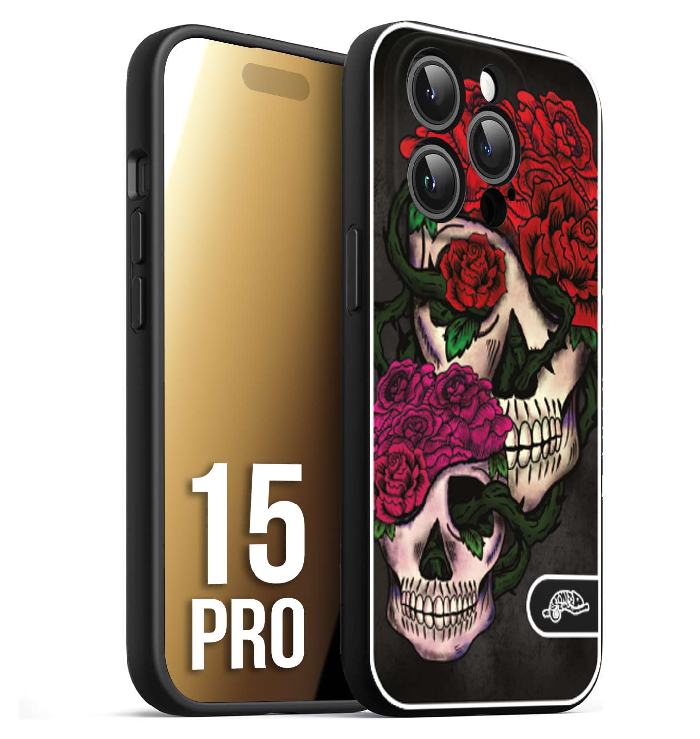 CUSTOMIZZA - Custodia cover nera morbida in tpu compatibile per iPhone 15 PRO teschi e rose rosse fucsia skull and roses