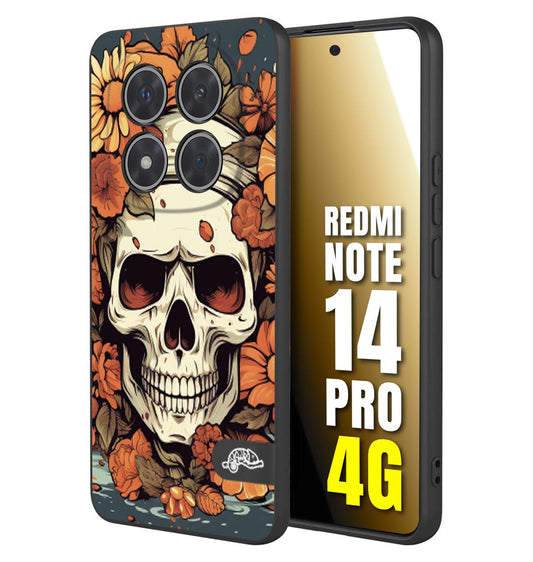 CUSTOMIZZA - Custodia cover nera morbida in tpu compatibile per Xiaomi Redmi Note 14 PRO 4G teschio skull flowers fiori tattoo disegnato alta definizione