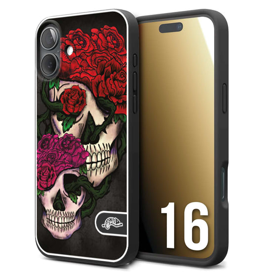 CUSTOMIZZA - Custodia cover nera morbida in tpu compatibile per iPhone 16 teschi e rose rosse fucsia skull and roses