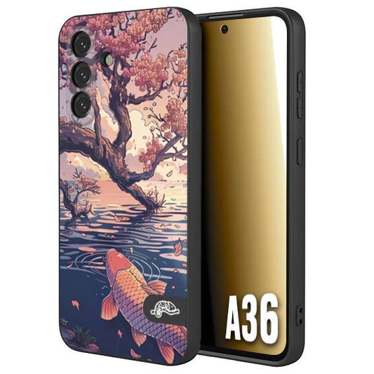 CUSTOMIZZA - Custodia cover nera morbida in tpu compatibile per Samsung A36 giapponese lago carpa koi rosa con foglie d'acero disegnata tattoo