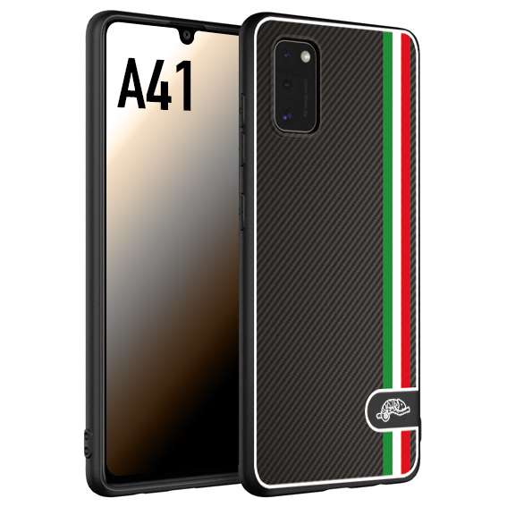 CUSTOMIZZA - Custodia cover nera morbida in tpu compatibile per Samsung A41 effetto fibra di carbonio bandiera Italia made in Italy