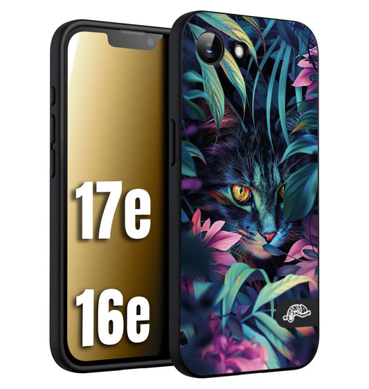 CUSTOMIZZA - Custodia cover nera morbida in tpu compatibile per iPhone 16E - 17E animali color giungla tropicale occhio di gatto colori vibranti disegnato