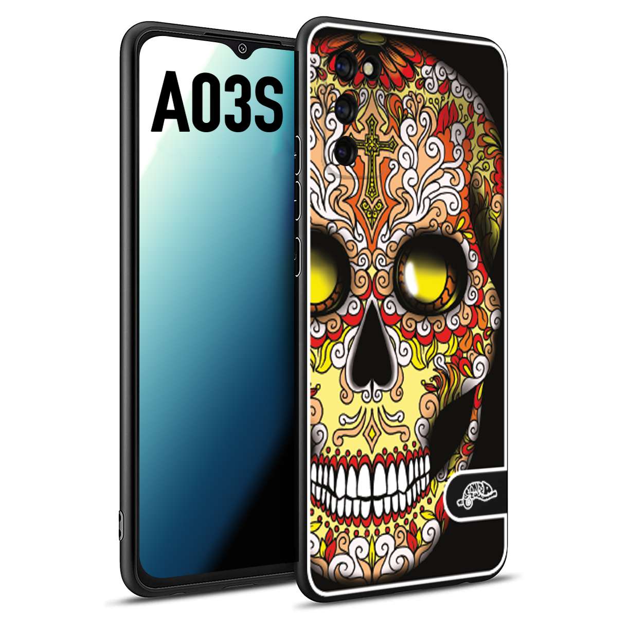 CUSTOMIZZA - Custodia cover nera morbida in tpu compatibile per Samsung A03S teschio messicano Mexican skull giallo rosso arancio