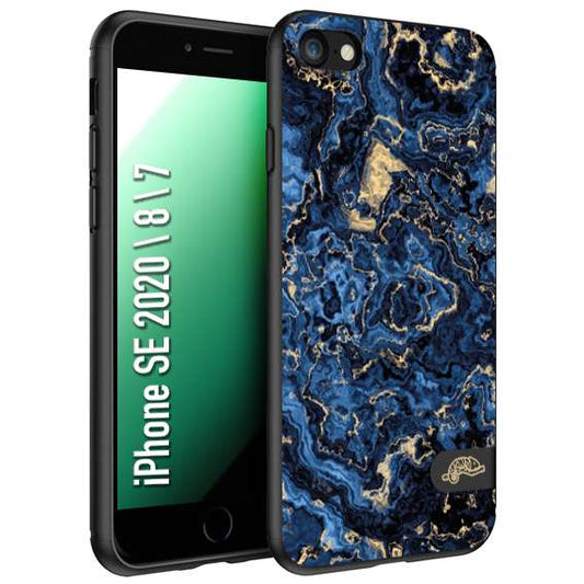 CUSTOMIZZA - Custodia cover nera morbida in tpu compatibile per iPhone 7 - 8 - SE 2020 / 2022 effetto marmo marble blu venature dorato psichedelico