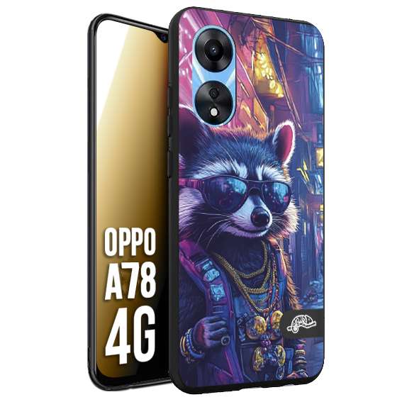 CUSTOMIZZA - Custodia cover nera morbida in tpu compatibile per Oppo A78 4G animali simpatici cyberpunk procione racoon street cat fucsia blu giallo