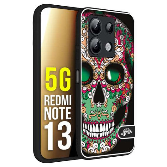 CUSTOMIZZA - Custodia cover nera morbida in tpu compatibile per Xiaomi Redmi Note 13 5G teschio messicano Mexican skull verde fucsia