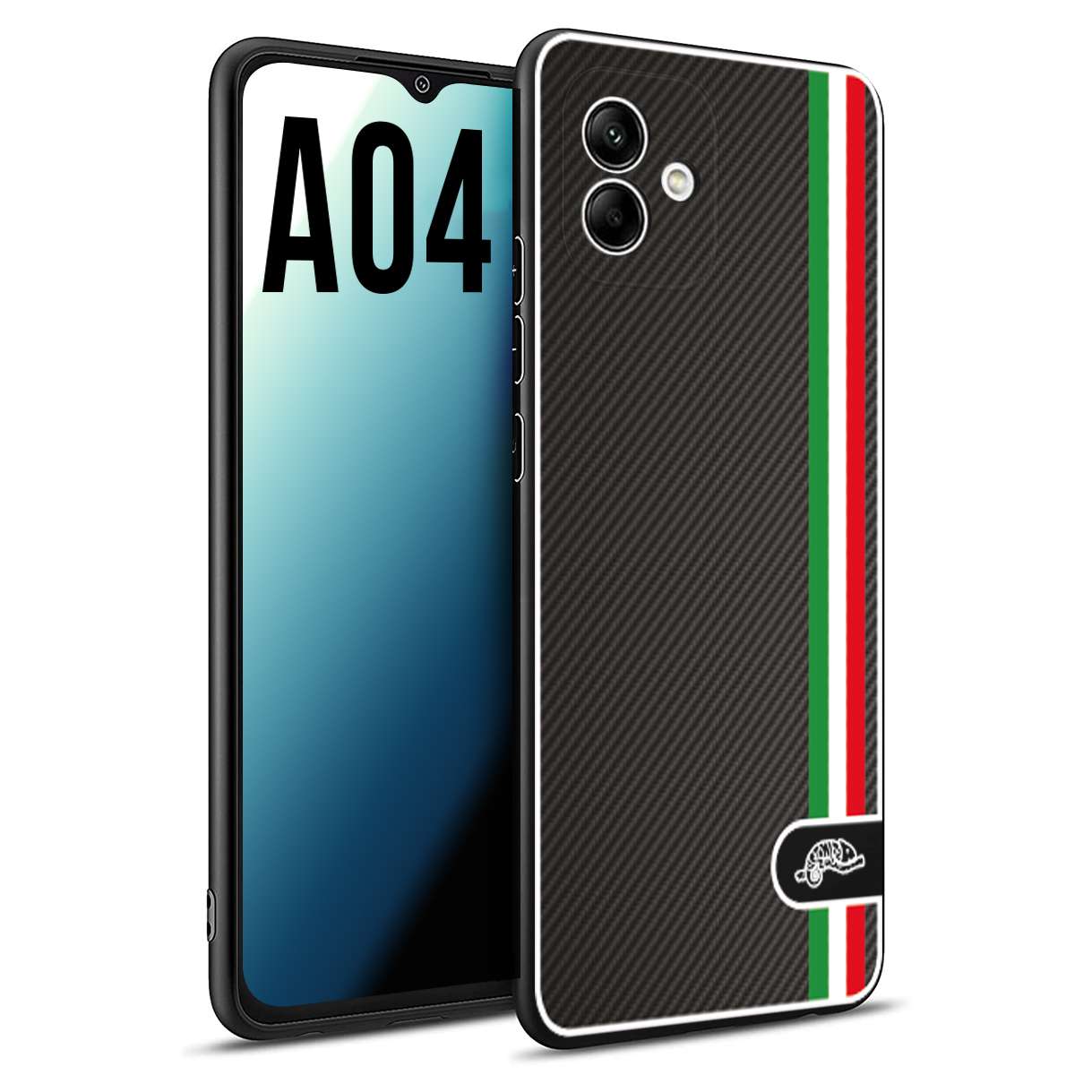 CUSTOMIZZA - Custodia cover nera morbida in tpu compatibile per Samsung A04 effetto fibra di carbonio bandiera Italia made in Italy