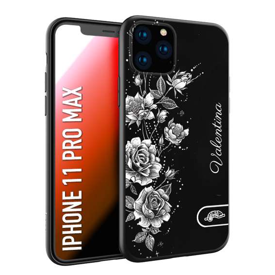 CUSTOMIZZA - Custodia cover nera morbida in tpu compatibile per iPhone 11 PRO MAX a rilievo soft touch personalizzata nome rose fiori donna