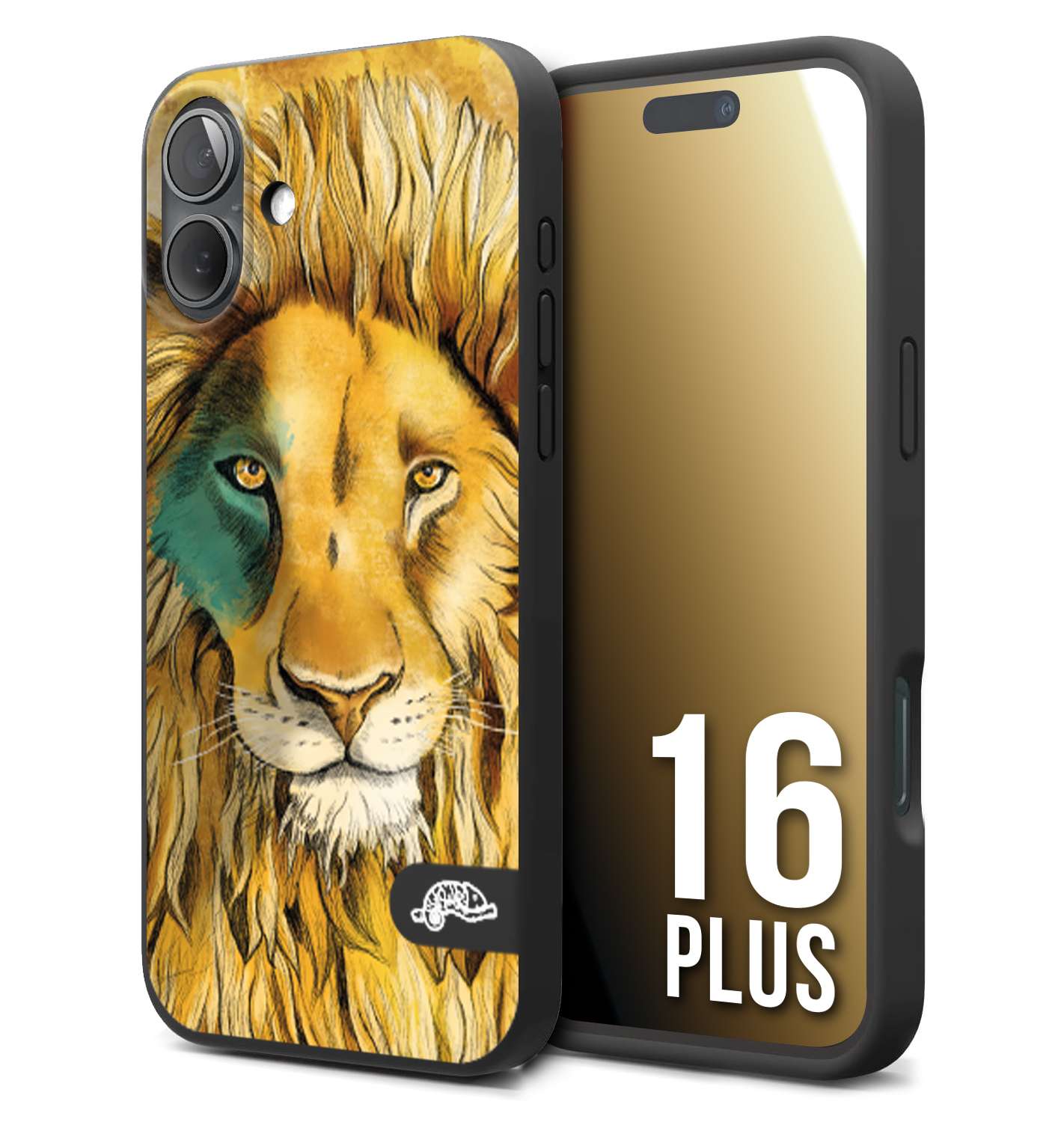 CUSTOMIZZA - Custodia cover nera morbida in tpu compatibile per iPhone 16 PLUS leone lion disegnato a mano giallo blu a rilievo artistico brown