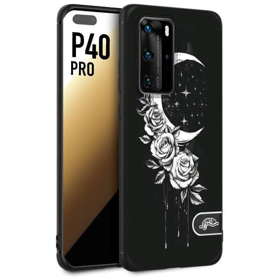 CUSTOMIZZA - Custodia cover nera morbida in tpu compatibile per Huawei P40 PRO luna e fiori moon flowers black and white bianco a rilievo disegnato tattoo tatuaggio